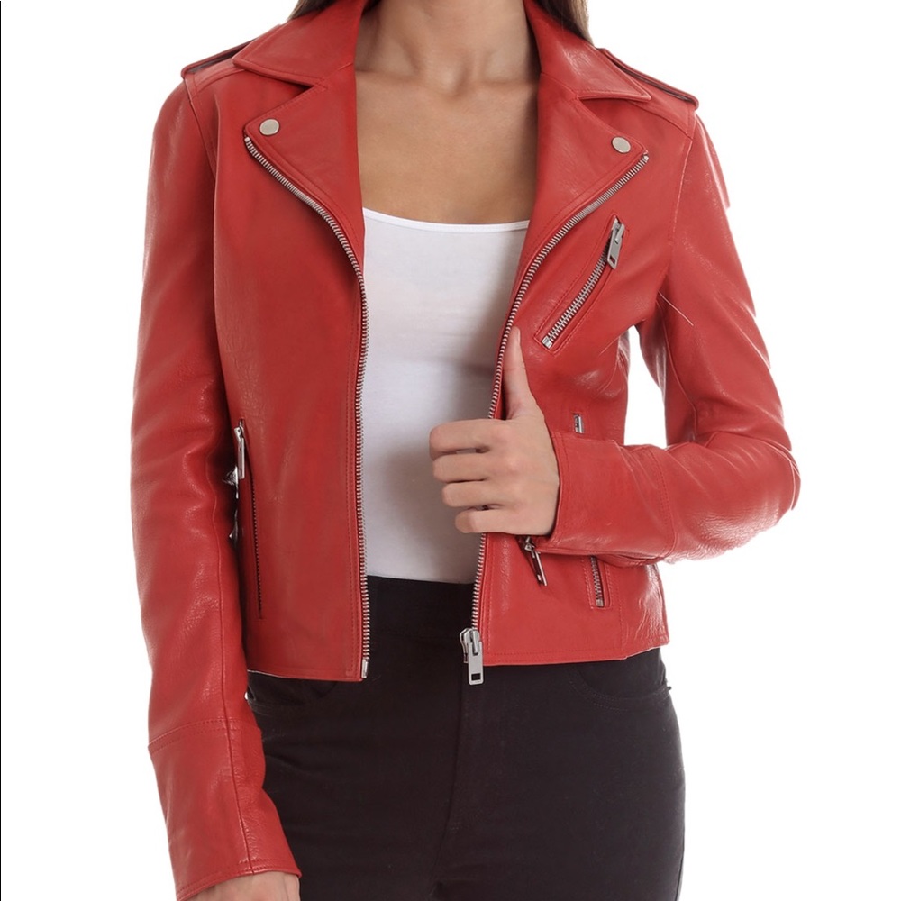 🆕Bagatelle Red 100% Genuine Supple Leather Moto Jacket With Silver Hardware